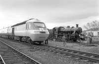 The 'STV Puffer Painter Special' at Aviemore with the Strathspey Railway's 46464 standing alongside on 28 April 1979 [see image 36599].<br><br>[Bill Roberton 28/04/1979]