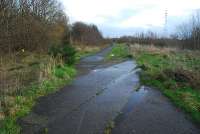 View looking east at Dalnottar Oil Depot showing the former level crossing at the entry point of the siding into the works. The trackbed of the former mainline is in the trees to the left, now very much overgrown. [See image 36640 for the view in the eighties.]<br><br>[Ewan Crawford 27/11/2011]