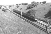 A fine day on the cutting-side at Arkleston on 15 June 1967 sees the 14.30 InterCity dmu for Ayr running past. The view shows the former 4 track route after reduction to two tracks.<br><br>[Colin Miller 15/06/1967]