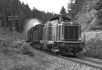 The 07.03 Rottweil - Villingen and 08.40 return was still a regular steam duty in the summer of 1974. In earlier years a class 078 4-6-4T would probably have been the regular power but, with steam at its last gasp in the Black Forest, a class 50 2-10-0 was by then the best that could be expected. On 4 September 1974 the return train from Villingen was provided with such a locomotive operating tender first with B-B diesel No. 211 215 as pilot. The train was photographed between Deisslingen and Rottweil.<br><br>[Bill Jamieson //1974]