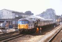 Immaculate Bulleid <I>Merchant Navy</I> Pacific no 35028 <I>'Clan Line'</I> receives some electro-diesel manoeuvering assistance with a special in the sidings at Andover in 1991.<br><br>[Ian Dinmore //1991]