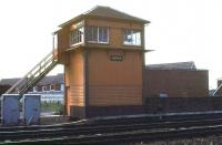 Annan signal box looking west across the running lines in 1978 [see image 11521].<br><br>[Ian Dinmore //1978]