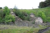 Two of the piers of the former Lands Viaduct lie in the valley of the River Gaunless near Cockfield, Co Durham, having been felled using dynamite in 1966. The circular brick columns, seen here in September 2010, remain a testament to the masons craftsmanship. [See image 36804]<br><br>[Brian Taylor 13/09/2010]