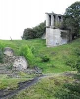 Detail showing western abutment and felled pier of Lands Viaduct, photographed on 13 September 2010 [see image 36747].<br><br>[Brian Taylor 13/09/2010]