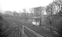 The signal box and locomotive facilities at Largs in March 1963, complete with turntable. <br><br>[R Sillitto/A Renfrew Collection (Courtesy Bruce McCartney) 30/03/1963]