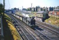 St Margarets J37 0-6-0 no 64539 takes coal empties south past Craigentinny signal box in the summer of 1959.<br><br>[A Snapper (Courtesy Bruce McCartney) /08/1959]