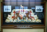 The paddle box crest from the <I>Marchioness of Lorne</I>, built in 1891 for the Caledonian Steam Packet Company. One of a number of such items once displayed in the long covered walkway linking trains and steamers at Wemyss Bay and seen here in 1957. She was a very innovative ship, fitted with a triple expansion engine with  four cylinders. She never returned to civilian service after the Great War and was broken up in 1923. The crest was relocated to Calmac HQ at Gourock during the renovation of Wemyss Bay station, which was completed in the mid 1990s.<br><br>[A Snapper (Courtesy Bruce McCartney) 12/09/1957]