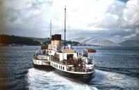 The paddle steamer <I>Jupiter</I>, built on the Clyde by Fairfield, Govan, for the Caledonian Steam Packet Co in 1937. The ship is seen here heading out of Rothesay on 25 September 1955 and will soon turn sharply to starboard making for Wemyss Bay.<br><br>[A Snapper (Courtesy Bruce McCartney) 25/09/1955]