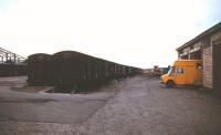 Three sidings full of vans at Fraserburgh freight depot in late 1974 with one of the ubiquitous yellow NCL road vehicles on the right. <br><br>[David Spaven //1974]