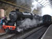 Black Five 45428 <i>Eric Treacy</i> rests at Pickering after arrival on the late running 12.00 ex Grosmont 'Christmas Moorlander Pullman' dining service. After the return Pullman service had departed it then reversed out of the station and coupled onto the 13.40 'Santa Special', in the adjacent platform, which it worked to Levisham and return.  <br><br>[David Pesterfield 19/12/2011]