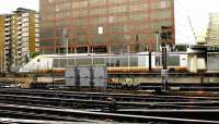 Photograph taken from a suburban train leaving Waterloo in the summer of 2005, showing a Eurostar awaiting its departure time at the International Terminal on the west side of the station.<br><br>[John Furnevel 24/07/2005]