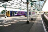 Looking south from platform 6 at Bridlington station on a sunny 1 October 2008. A Northern DMU is awaiting its departure time in the bay platform with an afternoon service for Hull and Sheffield. On the right is the through Yorkshire Coast route to Scarborough. [See image 23828]   <br><br>[John Furnevel 01/10/2008]