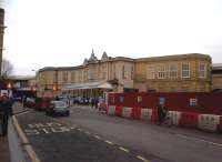 Bath Spa station on New Year's Day 2012 - an intriguing mixture of Mendip stone, red steel and plastic!<br><br>[Ken Strachan 01/01/2012]