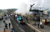 A demonstration freight rolls into Ramsbottom from Bury behind 0-6-0T MSC 32 and 0-6-0ST WD 132 during the ELR Autumn Gala. Even without the smiley face it was immediately obvious to my young grandson who was pulling the train.<br><br>[Mark Bartlett 22/10/2011]