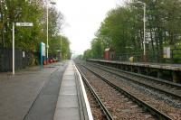 Looking along the platform at Bardon Mill station, Northumberland, on Sunday morning 7 May 2006. View is east towards Hexham. <br><br>[John Furnevel 07/05/2006]