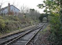 Looking south from the platform at what is now known as North Llanrwst towards Betws-y-Coed and Blaenau Ffestiniog in December 2011. The <I>New</I> Llanrwst station is in the town centre of Llanrwst, just around the bend beyond the bridge. [With thanks to Kenneth Leiper and Andrew Wallace] <br><br>[Mark Bartlett 01/12/2011]