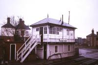 Newark Castle station signal box in October 1987. View is south west towards Nottingham.<br><br>[Ian Dinmore /10/1987]