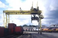 The former Freightliner crane at Aberdeen Guild Street depot in summer 2000, handling containerised coal brought north by EWS Enterprise services. On closure of Guild Street the crane was dismantled, refurbished and re-erected at the new Craiginches railhead where DRS now handles containerised traffic for Asda and WH Malcolm.<br><br>[David Spaven //2000]