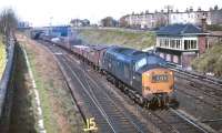 EE Type 3 No. 6858 passes Craigentinny box at the head of the 08.46 fitted freight from Carlisle Yard to Millerhill on 25 April 1970. The day being a Saturday, the train has been routed through Waverley Station rather than round the Sub, which would have been closed for the weekend.  <br><br>[Bill Jamieson 25/04/1970]