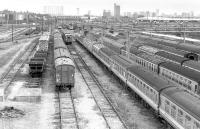 Lines of redundant rolling stock in the yards at Old Oak Common in August 1993.<br><br>[Bill Roberton 28/08/1993]