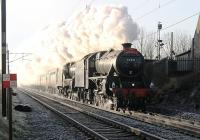 The first NW main line steam of 2012 ran on a crisp bright morning on Saturday 28 January. 44871 and 45407 double headed a Manchester Victoria to Carlisle excursion, out via Shap and back over the S&C. The duo are seen here at Woodacre on the outward leg. <br><br>[Mark Bartlett 28/01/2012]