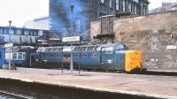 Deltic 55014 <I>The Duke of Wellington's Regiment</I> about to restart a train from Edinburgh Haymarket on 22 April 1981 for the short hop to Waverley.<br><br>[Peter Todd 22/04/1981]