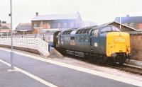 Deltic 55010 <I>The Kings Own Scottish Borderer</I> southbound out of Doncaster on 6 February 1981.<br><br>[Peter Todd 06/02/1981]