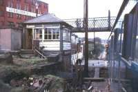 Chaffer's Siding cabin looking south west towards Nelson station at Barkerhouse Road level crossing in 1974. The box, the bridge and the building have all since been demolished, with the barriers here now activated by the train driver [see image 17268]. [With thanks to Messrs McIntyre, Leiper, Renwick and Wallace] <br><br>[Ian Dinmore //1974]