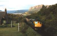 A summer evening train from Inverness to Kyle of Lochalsh about to arrive at Plockton in 1980.<br><br>[Frank Spaven Collection (Courtesy David Spaven) //1980]