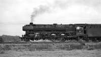 The DB 3 cylinder oil-fired Pacifics of class 012 were most <br>
impressive machines, and no less so when viewed broadside. No. 012 055 was caught by the camera near Salzbergen while heading express D735 from Rheine (depart 11.01) to Norddeich on 7 September 1974 - this was a through working from Kln.<br><br>[Bill Jamieson 07/09/1974]