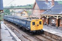 A Manchester bound DC EMU running into Dinting station on 28 May 1981. The near track had been damaged in a derailment and was never repaired given the imminent closure of the Woodhead route.<br><br>[Peter Todd 28/05/1981]