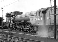 4472 <I>Flying Scotsman</I> at Steamtown Carnforth on the fine morning of Saturday 8th May 1976 prior to working the M&GNJRS <I>'Lakelander'</I> railtour to Sellafield. 'Hardwicke' acted as pilot as far as Ulverston where B1 No (6)1306 took over the assisting role.<br><br>[Bill Jamieson 08/05/1976]