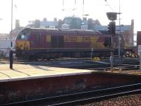 A dirty looking 67027 <I>Rising Star</I> stabled at the south end of Newcastle Central station on 8 February 2012 awaiting the call for 'Thunderbird' rescue duties. It was still as dirty on morning of 22 Feb, but by early evening it had been replaced by 67024 which had run down from Edinburgh south bay during the day.<br><br>[David Pesterfield 08/02/2012]