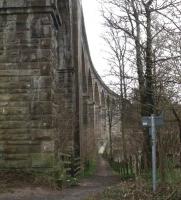 The viaduct over the River Teviot at Roxburgh (sometimes open to walkers, sometimes not) looks suitably aloof on 19th March 2010. The adjacent wooden footbridge is a bit of a roller-coaster - possibly warped by drying out after flooding. View looks towards Roxburgh station.<br><br>[Sally Strachan 19/03/2010]