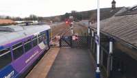 The 10.43 for Middlesbrough leaving Hexham platform 1 on 13 February 2012. This involves a short section of 'wrong line working' before the DMU crosses on to the 'proper' eastbound line towards Newcastle.<br><br>[Bruce McCartney 13/02/2012]