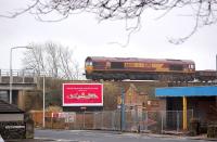 66141 stands above Nicol Street, Kirkcaldy, with an engineers train on 12 February 2012. The train is waiting to be called forward to the work site at Kirkcaldy station [see image 37580].<br><br>[Bill Roberton 12/02/2012]