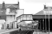 Platform view at Broughty Ferry in March 1993 looking east towards Gray Street level crossing and the unique signal box.<br><br>[Bill Roberton /03/1993]