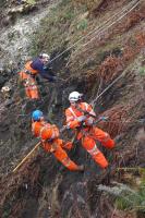 <I>'I don't recall any mention of abseiling in the PW manual!'</I> Stabilisation work underway on the cutting north of Kinghorn tunnel on 12 February 2012.<br><br>[Bill Roberton 12/02/2012]