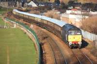 A 'Northern Belle' <I>Valentines Special</I> from Glasgow Central to Perth and return passes Burntisland Links and relay room on 18 February 2012. The leading locomotive is 47810 with 47790 bringing up the rear.<br><br>[Bill Roberton 18/02/2012]