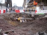 Extensive Edinburgh Tram utilities diversion works taking place on the short section of Princes Street from South St Andrew Street to Waverley Bridge seen looking west on 22 February. <br><br>[David Pesterfield 22/02/2012]