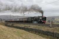 70013 <I>Oliver Cromwell</I> storms up Shap bank at Scout Green with the fourth <I>Cumbrian Mountain Express</I> of 2012. These trains, all fully booked, have been electric hauled by 86259 <I>Les Ross</I> to Lancashire where the Britannia or 5MT 45305 took over for the Shap, Carlisle and Settle circuit.<br><br>[Mark Bartlett 25/02/2012]