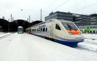 A high - speed 'Allegro' at Helsinki Central forming the 14.00 for St. Petersburg - a joint venture between Finnish and Russian railways, journey time three and a half hours. Twenty years ago I think it was nearer 8 hours in coaches heated by a coal stove [see image 22503].<br><br>[Colin Miller 22/02/2012]