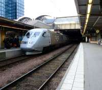 X2000 tilting train forming the next departure for Malmo standing at Stockholm Central on 24 February 2012.<br><br>[Colin Miller 24/02/2012]