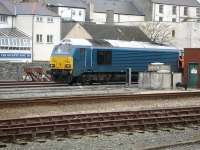 Unbranded Arriva Blue DB Schenker 67001 in Holyhead Station sidings on 29 February. The locomotive had arrived on driver training duties prior to the class taking over haulage of the Welsh Assembly funded service between Holyhead and Cardiff from class 57s in the near future.<br><br>[David Pesterfield 29/02/2012]