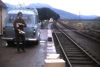 The way it used to be - the Shieldaig minibus on the eastbound platform at Strathcarron in 1974.<br><br>[David Spaven //1974]