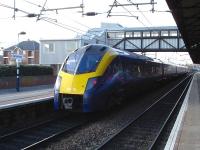 First Hull Trains 'Adelante' 180111 calls at Grantham on 5 March with the 14.50 service to Hull ex-Kings Cross.<br><br>[David Pesterfield 05/03/2012]