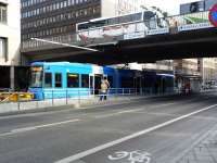 The rather ad hoc terminus of the 'new' Stockholm tramway under a bridge. Apparently there are plans to extend the line to Central Station - which would probably be more useful.<br><br>[Colin Miller /02/2012]