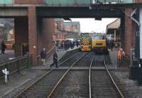 There is a distinct Western Region feel to Bury Bolton Street station on the heritage East Lancashire Railway in this view south from the tunnel mouth on 3 March 2012. On the left is Class 14 no D9531, recently extensively overhauled and now running as the 'new' D9556 while on the right is Class 35 no D7076.<br><br>[John McIntyre 03/03/2012]