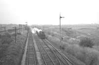 Looking west towards Petteril Bridge Junction on 5 August 1967 as Workington based Black 5 no 44715 is halted with a freight alongside Durranhill up goods. The train is about to be shunted into the yard. [See image 13848]<br><br>[K A Gray 05/08/1967]