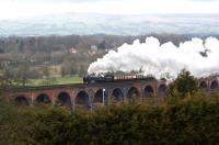 British Railways Standard Pacific no 70000 <I>'Britannia'</I> eases a Carlisle to Bristol railtour over the Whalley viaduct on 10 March 2012. View is north across the Ribble Valley.<br><br>[John McIntyre 10/03/2012]